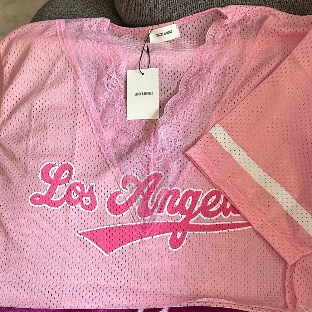 Dirty Laundry Pink Los Angeles Lace V-Neck Mesh Tee
